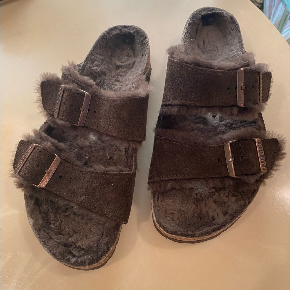 Birkenstock Brown Suede Shearling Two-Buckle Slide Sandals